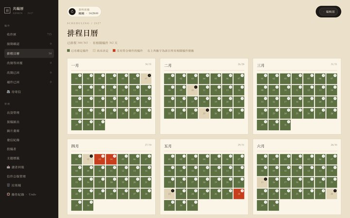 共編曆後台的排程日曆,以 12 個月方格顯示 365 天的排程狀態,畫面為示範資料